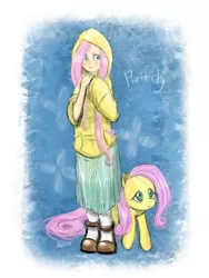 Size: 1500x2000 | Tagged: safe, artist:dzetawmdunion, derpibooru import, fluttershy, human, pony, clothes, cute, hoodie, human ponidox, humanized, light skin, long skirt, pixiv, shyabetes, skirt, socks, solo, sweater, sweatershy