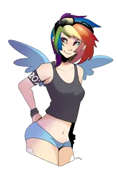 Size: 1819x2677 | Tagged: artist:wicklesmack, belly button, clothes, derpibooru import, female, freckles, human, humanized, light skin, midriff, rainbow dash, safe, shorts, simple background, smiling, solo, transparent background, vector, winged humanization