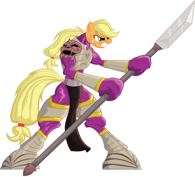 Size: 1280x1161 | Tagged: applejack, armor, artist:bob401, cosplay, crossover, derpibooru import, legacy of kain, malek, safe, simple background, solo, spear, weapon