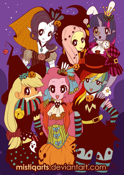 Size: 800x1131 | Tagged: anthro, applejack, artist:mistiqarts, bone, clothes, costume, crown, derpibooru import, fluttershy, halloween, hat, holiday, human facial structure, mane six, monocle, mouth hold, pinkie pie, pocket watch, rainbow dash, rarity, safe, twilight sparkle