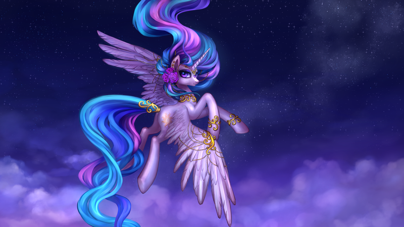 Size: 3377x1900 | Tagged: artist:nyarmarr, cloud, cloudy, derpibooru import, flying, jewelry, princess celestia, safe, sky, solo, stars