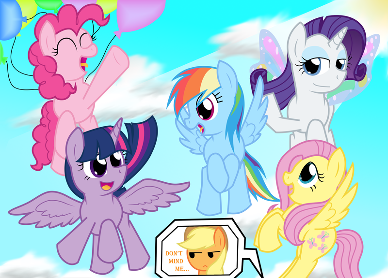 Size: 3496x2512 | Tagged: safe, artist:dhiliedale, derpibooru import, applejack, fluttershy, pinkie pie, rainbow dash, rarity, twilight sparkle, twilight sparkle (alicorn), alicorn, pony, applejack is not amused, artificial wings, augmented, balloon, female, glimmer wings, magic, magic wings, mane six, mare, then watch her balloons lift her up to the sky, unamused, wings