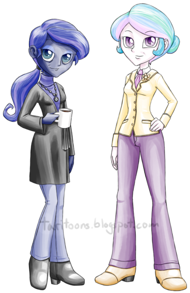 Size: 584x900 | Tagged: safe, artist:taritoons, derpibooru import, princess celestia, princess luna, equestria girls, alternate hairstyle, coffee, coffee mug, cutie mark accessory, hand on hip, looking at you, mug, older, ponytail, principal celestia, simple background, transparent background, vice principal luna, watermark