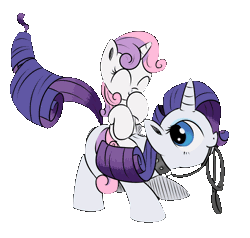 Size: 700x665 | Tagged: safe, artist:rainbow-dosh, artist:xioade, derpibooru import, rarity, sweetie belle, pony, unicorn, animated, behaving like a dog, collar, cute, diasweetes, eyes closed, female, filly, leash, looking back, mare, mouth hold, pet, pet play, ponies riding ponies, raribetes, raridog, simple background, sisters, smiling, tail wag, transparent background