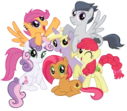 Size: 2456x2147 | Tagged: alternate cutie mark, alternate mane six, alternate universe, apple bloom, artist:schwarzekatze4, babs seed, corporate photo, derpibooru import, dinky hooves, earring, harmony-verse, mane six opening poses, next six, older, rumble, safe, scootaloo, simple background, sweetie belle, transparent background, vector