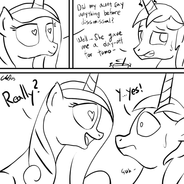 Size: 1000x1000 | Tagged: artist:cs, comic, comic:day-off, derpibooru import, female, imminent sex, male, monochrome, princess cadance, safe, shining armor, straight