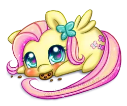 Size: 300x250 | Tagged: safe, artist:sarilain, derpibooru import, fluttershy, butterfly, blushing, chibi, cookie, cute, eating, heart eyes, looking at you, nom, prone, shyabetes, simple background, smiling, solo, transparent background, wingding eyes