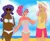 Size: 1000x815 | Tagged: safe, artist:greenvelvetcake, derpibooru import, fluttershy, pinkie pie, rarity, human, beach, belly button, bikini, blackwashing, clothes, dark skin, hat, humanized, image, jpeg, moderate dark skin, one-piece swimsuit, sunglasses, swimsuit, tan, yaoi hands