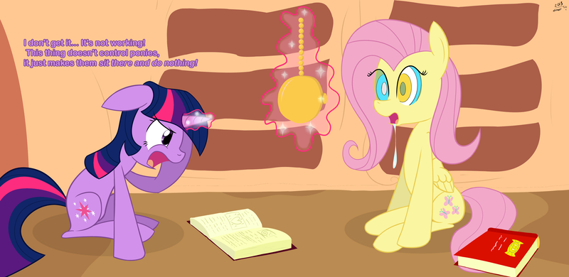 Size: 4900x2387 | Tagged: angry, artist:chir-miru, book, derpibooru import, drool, egghead, floppy ears, fluttershy, golden oaks library, humor, hypnosis, library, magic, oblivious, oblivious twilight is oblivious, pocket watch, safe, sitting, telekinesis, twilight sparkle