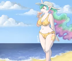 Size: 1280x1074 | Tagged: alicorn, anthro, artist:the-rasp-b, beach, belly button, bikini, cleavage, clothes, cloud, cloudy, cocktail, curvy, derpibooru import, drink, female, hat, ocean, princess celestia, safe, solo, swimsuit, wide hips, wingless, wingless anthro