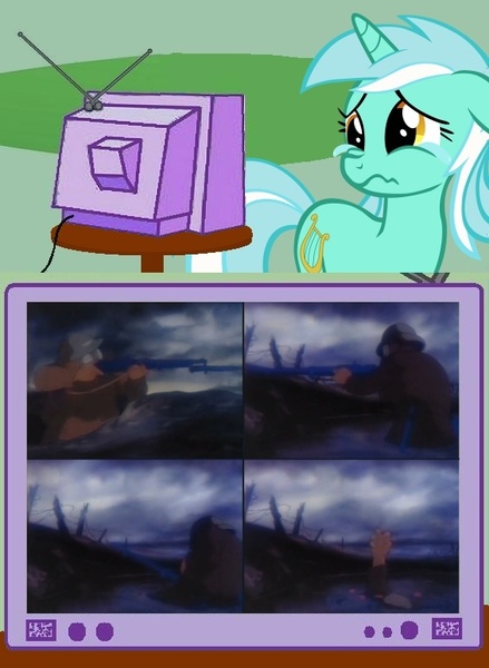 Size: 565x772 | Tagged: cartoon, crying, death, derpibooru import, exploitable meme, grimdark, lyra heartstrings, meme, obligatory pony, peace on earth, sad, television, tv meme, war, world war i