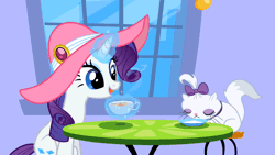 Size: 960x540 | Tagged: safe, derpibooru import, screencap, opalescence, rarity, sweet and elite, animated, bow, cafe, cats doing cat things, coffee, cup, drink, drinking, duo, hat, lapping, magic, sipping, table, telekinesis, tongue out