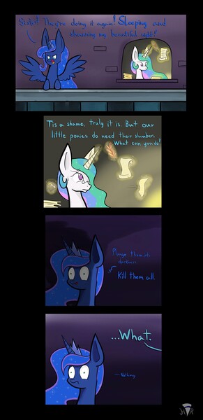 Size: 2760x5700 | Tagged: artist:heir-of-rick, comic, glasses, glowing horn, impossibly large ears, magic, princess celestia, princess luna, quill, safe, start of darkness, telekinesis