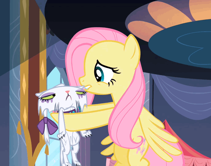 Size: 687x540 | Tagged: animated, derpibooru import, drenched, fluttershy, hape, hug, opalabuse, opalescence, safe, screencap, sweet and elite, wet