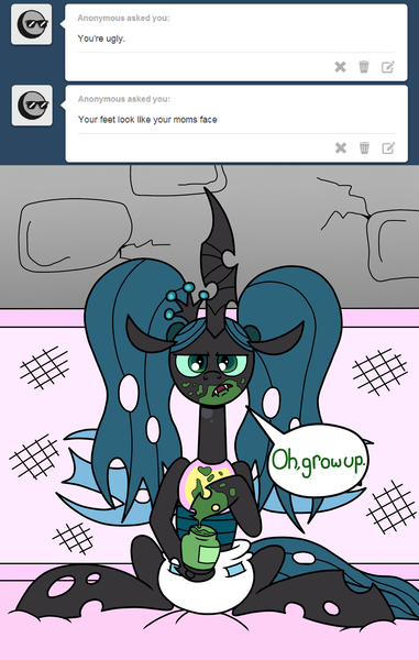 Size: 1280x2017 | Tagged: adult foal, artist:jay muniz, ask, ask crinkle bottom chrysalis, bib, diaper, diaper fetish, irony, messy, pigtails, queen chrysalis, questionable, solo, tumblr