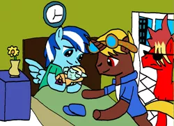 Size: 801x579 | Tagged: safe, artist:symphonydawn3, derpibooru import, oc, unofficial characters only, pony, baby, baby pony, bed, clock, cyder creed, drydan rajanveer, flower, foal, goggles, hospital, new parents, newborn, stormie, sunglasses