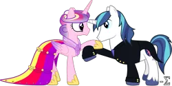 Size: 11090x5540 | Tagged: absurd resolution, artist:90sigma, clothes, derpibooru import, dress, kissing, princess cadance, safe, shining armor, simple background, suit, transparent background, vector