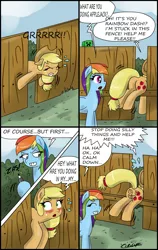 Size: 1920x3031 | Tagged: safe, artist:ciriliko, derpibooru import, applejack, rainbow dash, pony, blushing, body writing, butt, buttface, buttstuck, comic, creeper, drawing, fence, minecraft, plot, prank, silly, silly pony, stuck, the ass was fat, who's a silly pony, zas