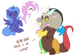 Size: 700x504 | Tagged: artist:bux, braces, cute, cutelestia, derpibooru import, discord, discute, filly, pink-mane celestia, princess celestia, princess luna, safe, text, woona, younger