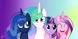 Size: 2600x1300 | Tagged: safe, artist:mellonshow, derpibooru import, princess cadance, princess celestia, princess luna, twilight sparkle, twilight sparkle (alicorn), alicorn, pony, alicorn tetrarchy, female, happy, mare, smiling, true love princesses