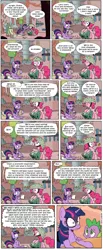 Size: 700x1703 | Tagged: semi-grimdark, artist:foudubulbe, derpibooru import, pinkie pie, spike, twilight sparkle, dragon, earth pony, pony, unicorn, feeling pinkie keen, breaking the fourth wall, comic, crazy face, dialogue, english, existential crisis, existentialism, experiment, faic, female, fourth wall, frightened, helmet, hoof hold, humor, insanity, laboratory, machine, male, mare, messy hair, mind blown, philosophy, pillow, pinkie being pinkie, research, scared, shocked, sitting, speech bubble, standing, test, text, wide eyes, wires