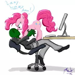 Size: 659x659 | Tagged: artist:frist44, chair, computer, cute, derpibooru import, duo, fluffy, human, lazy, monitor, oc, oc:anon, pc, pinkie pie, safe, shaking