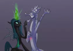 Size: 612x432 | Tagged: artist:geckofly, changeling, derpibooru import, discord, glowing horn, magic, queen chrysalis, safe, statue