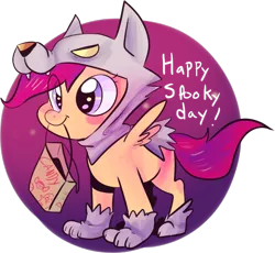 Size: 1222x1126 | Tagged: safe, artist:spanish-scoot, derpibooru import, scootaloo, wolf, bag, clothes, costume, halloween, mouth hold, nightmare night, preguntascootaloo, scootawolf, solo, wolf costume