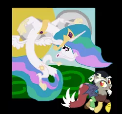 Size: 870x816 | Tagged: safe, artist:serhalu, derpibooru import, discord, princess celestia, ponified, draconequus, pony, celestequus, draconequified, species swap