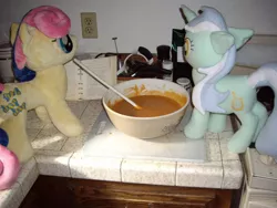 Size: 1024x768 | Tagged: artist:sniperteam4, bon bon, bowl, cooking, derpibooru import, food, irl, lyra heartstrings, photo, plushie, safe, sweetie drops