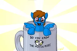 Size: 907x595 | Tagged: safe, artist:wingbeatpony, derpibooru import, derpy hooves, oc, oc:sunnyside, pony, cup, cup of pony, glasses, micro, mug, open mouth, smiling, solo, spread wings