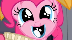 Size: 1280x720 | Tagged: adoracreepy, artist:dtkraus, brilliant face, chancellor puddinghead, creepy, cute, derpibooru import, edit, eye, eye in mouth, looking at you, not salmon, pinkie pie, safe, smiling, solo, squee, third eye, wat