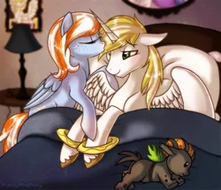 Size: 985x847 | Tagged: safe, artist:prettypinkpony, derpibooru import, oc, oc:cozy cotton, oc:vesairus, unofficial characters only, alicorn, changeling, pony, alicorn oc, bangles, bed, blushing, changeling oc, female, freckles, horn, kissing, lamp, male, plushie, straight, unshorn fetlocks, wings, wristband