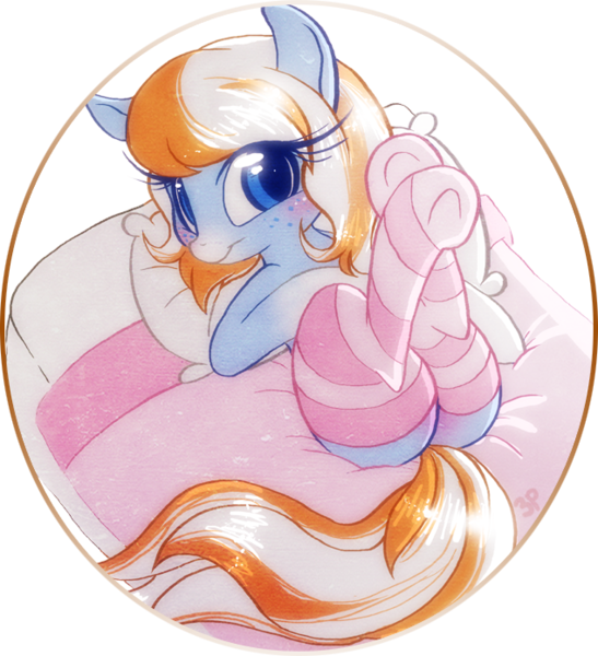 Size: 634x695 | Tagged: questionable, artist:prettypinkpony, derpibooru import, oc, oc:cozy cotton, unofficial characters only, pony, bed, blushing, clothes, female, freckles, legs in air, on back, on bed, pillow, socks, solo, solo female, stockings, striped socks, thigh highs