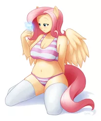 Size: 1000x1200 | Tagged: adorasexy, anthro, artist:blazbaros, belly button, big breasts, blushing, bra, breasts, busty fluttershy, cleavage, clothes, crop top bra, cute, derpibooru import, fairy, female, fluttershy, human, human facial structure, humanized, light skin, panties, pixie, plump, sexy, solo, solo female, stockings, striped underwear, suggestive, thigh highs, underwear, wide hips