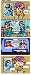 Size: 1000x2370 | Tagged: safe, artist:daniel-sg, derpibooru import, rainbow dash, scootaloo, oc, unnamed oc, earth pony, pegasus, pony, 867-5309, bad end, breaking news, clothes, comic, fangirl, female, filly, floppy ears, goggles, imagination, implied derpy, looking at you, mare, news report, older, restraining order, scootobsession, shrug, shrugpony, song reference, television, uniform, wat, wonderbolts uniform