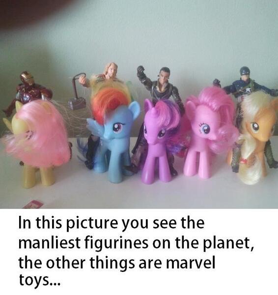 Size: 640x678 | Tagged: action figure, applejack, brushable, captain america, derpibooru import, figure, fluttershy, human, humans riding ponies, irl, iron man, loki, marvel, photo, pinkie pie, rainbow dash, riding, safe, thor, toy, toy pony cavalry, twilight sparkle