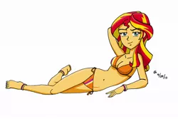 Size: 1024x686 | Tagged: suggestive, artist:mayorlight, derpibooru import, sunset shimmer, equestria girls, belly button, bikini, breasts, busty sunset shimmer, clothes, feet, female, solo, solo female, swimsuit