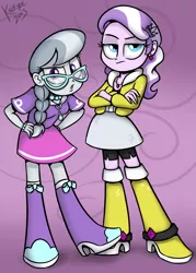 Size: 2000x2800 | Tagged: safe, artist:killryde, derpibooru import, diamond tiara, silver spoon, equestria girls, accessories, boots, bracelet, clothes, glasses, jacket, jewelry, necklace, shoes, skirt, unamused