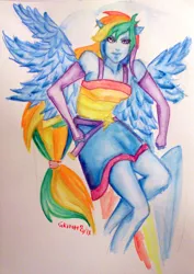 Size: 1280x1806 | Tagged: safe, artist:grimmlig, derpibooru import, rainbow dash, equestria girls, solo, traditional art