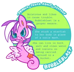 Size: 484x475 | Tagged: artist:zhampy, derpibooru import, oc, oc:bubbleblast, safe, sea pony, solo, starfish, text, unofficial characters only