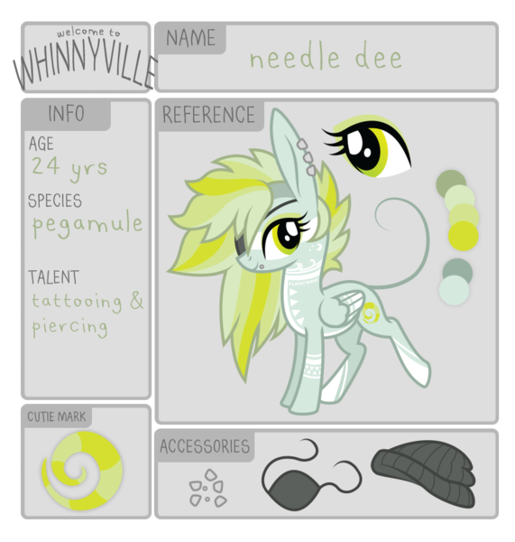 Size: 795x836 | Tagged: artist:ivyhaze, derpibooru import, eyepatch, hat, mule, needle dee, oc, oc:needle dee, pegamule, reference sheet, safe, solo, unofficial characters only