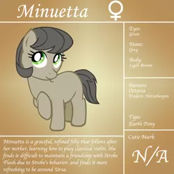 Size: 1200x1200 | Tagged: safe, artist:ludiculouspegasus, derpibooru import, oc, unofficial characters only, earth pony, pony, bio, filly, minuetta, offspring, parent:frederic horseshoepin, parent:octavia melody, parents:fredtavia, reference sheet, solo, text