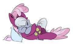 Size: 900x544 | Tagged: safe, artist:rainbow-dosh, artist:xioade, derpibooru import, cheerilee, silver spoon, pony, cheeribetes, cuddling, cute, eyes closed, female, filly, foal, hug, pillow, silverbetes, simple background, snuggling, transparent background