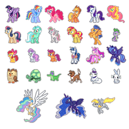 Size: 500x500 | Tagged: safe, artist:kevfin, derpibooru import, angel bunny, apple bloom, applejack, blossomforth, bon bon, derpy hooves, flash sentry, fluttershy, gummy, lyra heartstrings, opalescence, owlowiscious, pinkie pie, princess cadance, princess celestia, princess luna, rainbow dash, rarity, scootaloo, shining armor, spike, sunset shimmer, sweetie belle, sweetie drops, tank, twilight sparkle, twilight sparkle (alicorn), winona, alicorn, dragon, earth pony, pegasus, pony, unicorn, cutie mark crusaders, female, mane seven, mane six, mare, pets, pixel art, s1 luna, simple background, transparent background