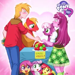 Size: 1000x1000 | Tagged: safe, artist:uotapo, derpibooru import, apple bloom, big macintosh, cheerilee, scootaloo, sweetie belle, equestria girls, hearts and hooves day (episode), apple, blushing, cheeribetes, cheerimac, clothes, cute, cutie mark crusaders, equestria girls logo, female, human ponidox, macabetes, male, plate, shipper on deck, shipping, skirt, square crossover, straight, uotapo is trying to murder us