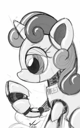 Size: 1600x2560 | Tagged: safe, artist:symbianl, derpibooru import, sweetie belle, pony, robot, robot pony, unicorn, black and white, female, filly, foal, grayscale, hooves, horn, monochrome, simple background, solo, species swap, sweetie bot, white background