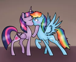 Size: 987x809 | Tagged: safe, artist:sarath-15, derpibooru import, rainbow dash, twilight sparkle, twilight sparkle (alicorn), alicorn, pony, blushing, female, kissing, lesbian, mare, shipping, twidash, wingboner