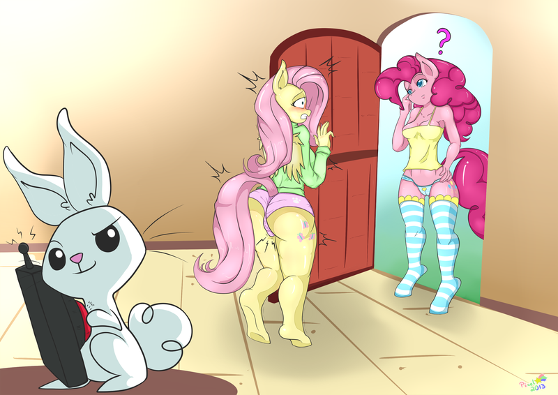 Size: 2279x1612 | Tagged: angel bunny, angelshy, animal, anthro, artist:pixelstarpony, ass, beneath clothes, breasts, butt, cameltoe, clothes, derpibooru import, discreet sex toy, door, female, fluttershy, hooves, interspecies, male, panties, pinkie pie, questionable, rabbit, sex toy, shipping, soles, stealth masturbation, stealth sex, stockings, straight, underhoof, underwear, unguligrade anthro, vibrator, vibrator under panties, wedgie