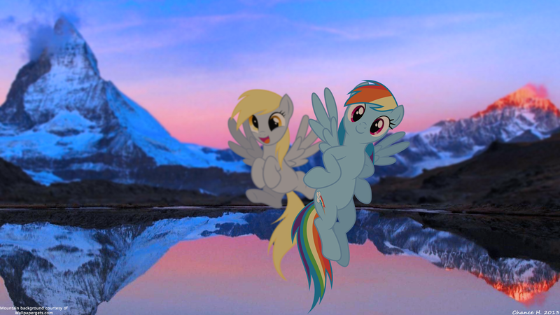 Size: 1920x1080 | Tagged: safe, artist:chanceh96, derpibooru import, derpy hooves, rainbow dash, pegasus, pony, female, floating, irl, lake, mare, mountain, photo, ponies in real life, scenery, sunrise, swiss, vector